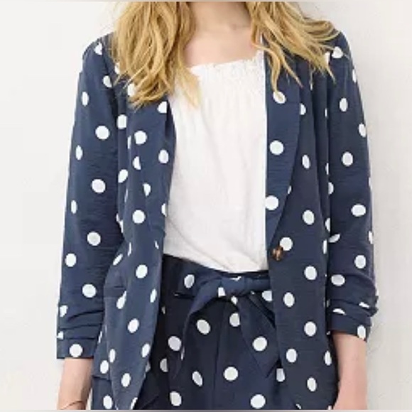 LC Lauren Conrad Jackets & Blazers - LC Lauren Conrad XL Navy/White Polka Dot Ruched Sleeve Blazer